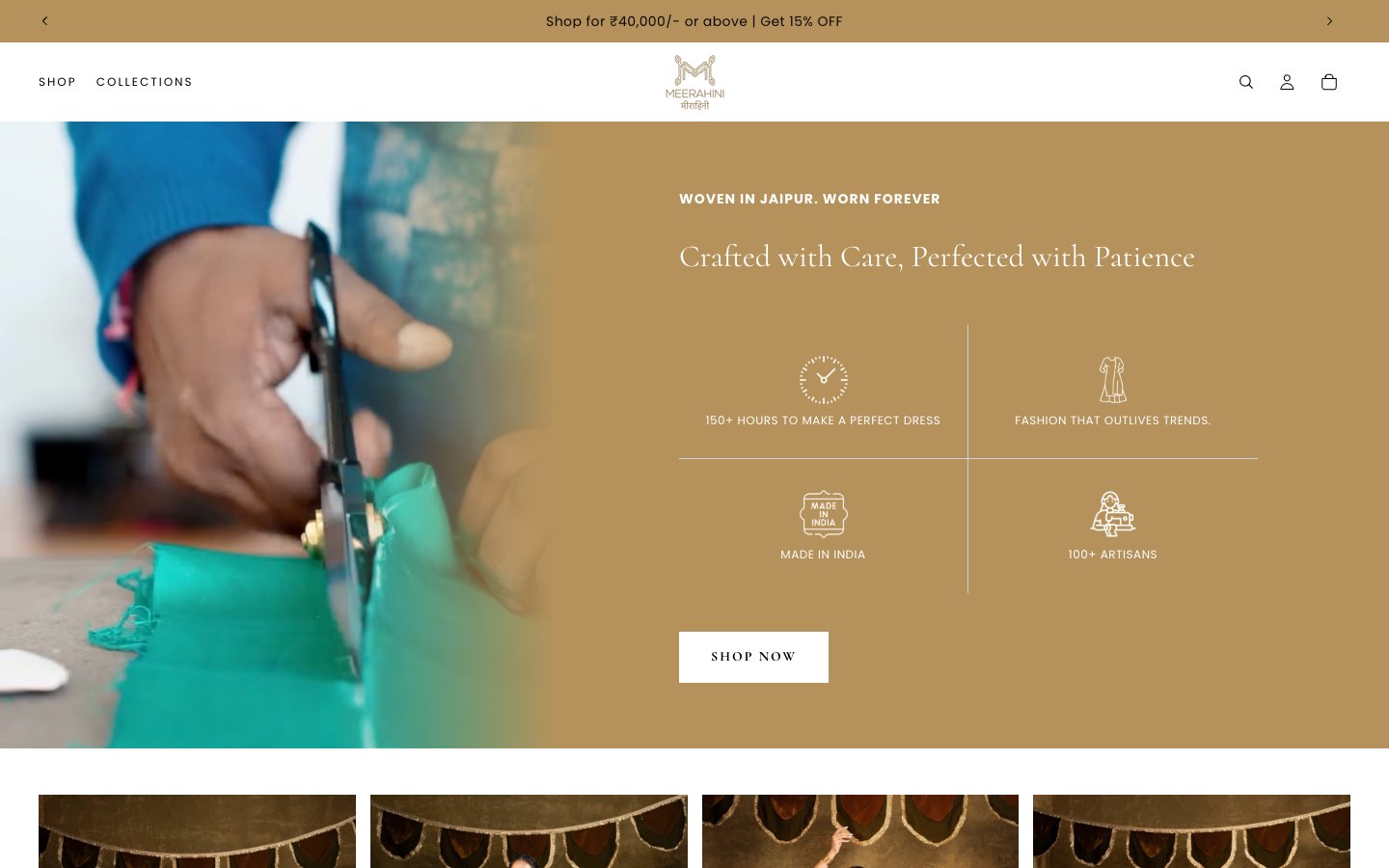 Homepage of meerahini.com, a WordPress site for luxury suits and dresses