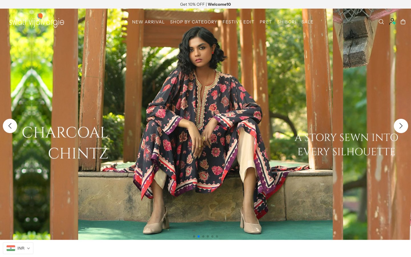 Homepage of swativijaivargie.com, a Shopify storefront for designer clothing